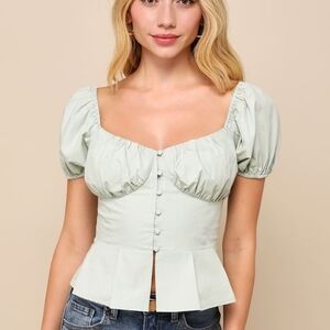 NWT Lulu's Admirable Poise Sage Green Puff Sleeve Peplum Top